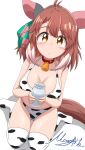  1girl :o ahoge alternate_costume animal_ears animal_print bell bikini blush bottle breasts brown_hair commentary_request corrupted_twitter_file cow_print cow_print_bikini cow_print_thighhighs cowbell dantsu_flame_(umamusume) ear_covers full_body highres horse_ears horse_girl horse_tail large_breasts looking_at_viewer matty_(matsutomo) medium_hair milk_bottle multicolored_hair neck_bell open_mouth print_bikini print_thighhighs simple_background single_ear_cover sitting solo swimsuit tail thighhighs two-tone_hair umamusume wariza white_background white_hair yellow_eyes 