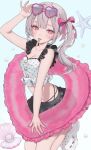  1girl absurdres breasts cleavage commentary_request crocs eyewear_lift food food_in_mouth grey_hair hair_ribbon hamunezuko_(nezukonezu32) highres innertube long_hair looking_at_viewer medium_breasts navel original partial_commentary pink_eyes pink_ribbon popsicle popsicle_in_mouth ribbon sidelocks simple_background solo stomach swim_ring swimsuit white_background 