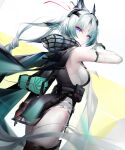  1girl absurdres animal_ears arcane_(arknights) arknights arknights:_endfield asymmetrical_gloves bird_ears bird_girl black_cape black_gloves blue_cape blue_eyes breasts cape chinese_commentary commentary_request facial_mark forehead_mark gloves grey_hair head_wings highres layered_sideboob long_hair looking_at_viewer medium_breasts mismatched_gloves multicolored_hair red_gloves schwarz_yan solo thighhighs two-sided_cape two-sided_fabric two-sided_gloves two-tone_cape white_gloves wings 