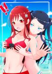  ! !! 22/7 2girls :o aqua_bikini aqua_eyes artist_name bikini black_bow black_hair blue_background blue_hair blue_sky blush bow breasts cleavage collarbone cowboy_shot day flower furoggu-gaburi grabbing_another's_breast grabbing_from_behind groping hair_flower hair_ornament halterneck highres jitome long_hair looking_at_another multicolored_hair multiple_girls navel nishiura_sora ocean open_mouth outdoors paid_reward_available red_bikini red_eyes red_hair sato_reika sidelocks sky standing surprised surprised_arms swimsuit two-tone_hair two_side_up 