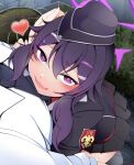  1boy 1girl black_skirt blue_archive blush hair_between_eyes hair_ornament hairclip halo haruka_(blue_archive) hat headpat heart highres kagayai_akira long_sleeves looking_at_viewer military_hat military_uniform necktie open_mouth purple_eyes purple_hair purple_halo red_shirt sensei_(blue_archive) shirt short_hair_with_long_locks skirt white_shirt 