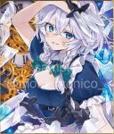  1girl analog_clock apron blue_bow blue_bowtie blue_dress blue_eyes blush bow bowtie braid breasts broken_glass chain cleavage cleavage_cutout clock clothing_cutout commentary_request dress gears glass glint green_bow grey_hair grin hair_bow highres izayoi_sakuya knife large_breasts long_hair looking_at_viewer maid maid_headdress moni_monico puffy_short_sleeves puffy_sleeves roman_numeral sample_watermark shikishi short_sleeves smile solo throwing_knife touhou traditional_media twin_braids upper_body waist_apron watermark weapon 