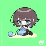  1girl artist_name black_dress black_shoes blue_hair blush_stickers brown_hair chibi chibi_only closed_mouth colored_inner_hair commentary_request dress full_body glasses green_background green_eyes green_streaks holding indie_virtual_youtuber knitting knitting_needle long_hair looking_down multicolored_hair naname_(7name) naname_(vtuber) needle self-portrait shoes sidelocks simple_background sitting sleeveless sleeveless_dress smile solo streaked_hair virtual_youtuber wariza yarn yarn_ball 