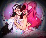  2girls alien_stage bandana black_hair commentary dress frills gloves highres holding_hands long_hair mizi_(alien_stage) mizi_(zombie_stage) multiple_girls open_mouth pink_dress pink_hair purple_eyes smile strapless strapless_dress sua_(alien_stage) sua_(zombie_stage) untranslatable_commentary very_long_hair white_bandana white_dress white_gloves yeageryan yuri 
