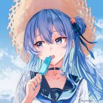  1girl absurdres blue_eyes blue_hair collarbone commentary english_commentary food hat highres holding holding_food holding_popsicle hololive hoshimachi_suisei long_hair popsicle shirt solo straw_hat upper_body virtual_youtuber white_shirt zakimpo 