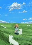  1girl animal blue_shirt blue_sky brown_hair cloud commentary_request day feeding field floating_hair flower grass hat highres holding holding_flower horizon looking_at_animal medium_hair nature original outdoors shirt short_sleeves sky solo standing sun_hat surreal t-shirt toumyou wide_shot wind 