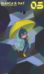  1girl 6+others ankle_boots bianca_(black_survival) black_survival black_umbrella blue_hair blue_skirt boots character_name closed_mouth commentary_request cross-shaped_pupils ddollydonut eternal_return:_black_survival from_above full_body green_pupils hair_between_eyes highres holding holding_umbrella korean_commentary looking_at_another looking_up multiple_others rain raincoat red_eyes see-through_clothes see-through_raincoat short_sleeves skirt symbol-shaped_pupils umbrella yellow_boots yellow_umbrella 