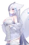  1girl absurdres animal_ears blue_eyes blush braid breasts bug butterfly butterfly_hair_ornament choker cleavage commentary dress english_commentary fox hair_ornament highres indie_virtual_youtuber long_hair nyubun_(vtuber) shy tail tamafurin thighhighs virtual_youtuber white_dress white_hair 
