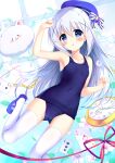  1girl :3 angora_rabbit ass_visible_through_thighs bare_arms bare_shoulders beret blue_eyes blue_hair blue_hat blue_one-piece_swimsuit blue_shoes blush bow breasts cameltoe chestnut_mouth clenched_hands closed_mouth collarbone commentary_request covered_navel dutch_angle eyes_visible_through_hair feet_out_of_frame floating_hair flower glint gochuumon_wa_usagi_desu_ka? hair_between_eyes hair_ornament hands_up hat hat_bow hatsuhi highres kafuu_chino leaf long_hair looking_at_viewer mary_janes one-piece_swimsuit open_mouth pocket_watch rabbit red_ribbon ribbon school_swimsuit shoes sidelocks small_breasts smile soap_bubbles solo straight_hair striped_bow striped_clothes swimsuit swimsuit_under_clothes tareme thighhighs tippy_(gochiusa) very_long_hair watch white_bow white_flower white_thighhighs window x_hair_ornament 