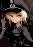  1girl absurdres belt black_necktie breasts cross epaulettes gloves grey_gloves grey_shirt hat highres iron_cross jacket jiseki_rena large_breasts looking_at_viewer medium_hair military_uniform nazi necktie original peaked_cap red_eyes reichsadler rena_(jiseki_rena) shirt smile solo totenkopf tsurime 