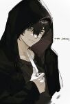  1boy black_hair black_jacket bomu_(bomubomu20) collarbone crew_neck cropped_torso cuts degrees_of_lewdity english_text fingernails green_eyes highres holding holding_knife hood hood_up hooded_jacket injury jacket jealous knife kylar_(degrees_of_lewdity) kylar_(male)_(degrees_of_lewdity) lips looking_at_viewer male_focus self-harm short_hair simple_background slit_throat solo upper_body white_background 