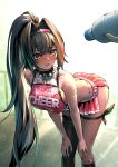  1girl 1other absurdres bandaid bandaid_on_leg bare_shoulders bay_(nikke) bent_over black_hair black_thighhighs blush bottle breasts cheerleader collar commentary_request crop_top dark-skinned_female dark_skin diagram_(purpleicegram) goddess_of_victory:_nikke hair_intakes hairband hands_on_own_knees highres large_breasts long_hair mole multicolored_hair open_mouth panties ponytail red_hair red_skirt single_thighhigh skirt solo_focus spiked_collar spikes streaked_hair sweat teeth thigh_strap thighhighs underwear water_bottle white_panties 