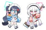 >:( 2girls :< :d absurdres alternate_costume alternate_hairstyle apron aqua_halo aris_(blue_archive) arm_at_side bandaid bandaid_on_cheek bandaid_on_face bandaid_on_knee bandaid_on_leg black_hair blue_archive blue_bow blue_eyes blue_jacket blush_stickers bow bright_pupils can character_charm charm_(object) chibi chibi_only closed_mouth commentary_request doodle_sensei_(blue_archive) double-parted_bangs drink_can food full_body hair_between_eyes hair_bow hair_ornament hairclip halo hand_up heart heart_hair_ornament highres holding holding_plate jacket jersey_maid kei_(blue_archive) kei_(orange_robot)_(blue_archive) kei_(student)_(blue_archive) korean_commentary leg_up long_hair long_hair_between_eyes long_sidelocks looking_at_viewer loose_socks loosely_tucked_bangs low_twintails maid maid_apron maid_headdress mop multiple_girls nose_shade omelet omurice open_mouth pink_eyes pink_halo plate ponytail rectangular_halo red_jacket sensei_(blue_archive) shoes shoulder_strap sidelocks simple_background single_sleeve_past_fingers sleeves_past_fingers sleeves_past_wrists smile socks sparkle standing standing_on_one_leg track_jacket twintails unconventional_maid v-shaped_eyebrows very_long_hair waist_apron white_apron white_background white_hair white_headdress white_pupils white_socks yanggaengwang 