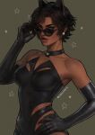  1girl adjusting_eyewear animal_ears batman_(series) black_hair black_one-piece_swimsuit breasts cat_ears catwoman ciricearts clawed_gloves dark-skinned_female dark_skin dc_comics earrings elbow_gloves fake_animal_ears fortnite gloves green_eyes highres jewelry looking_at_viewer official_alternate_costume one-piece_swimsuit parted_lips selina_kyle short_hair solo sphere_earrings sunglasses swimsuit 
