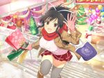  1girl :d asuka_(senran_kagura) bag balloon black_hair boots box breasts brown_eyes cake christmas christmas_tree coat commentary_request food game_asset gift gift_box gloves grey_thighhighs hair_ribbon happy jacket large_breasts looking_at_viewer mall miniskirt official_alternate_costume official_art open_mouth pleated_skirt ponytail red_scarf red_skirt ribbon scarf senran_kagura senran_kagura_new_link shopping_bag short_ponytail skirt smile snowman solo sweater thighhighs third-party_source white_ribbon zettai_ryouiki 