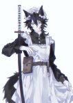  1boy absurdres alternate_costume animal_ears apron belt belt_pouch black_hair blue_eyes bow brown_belt buttons commentary crossdressing crossdressing_(mtf) hair_between_eyes hair_bow highres katana kimetsu_no_yaiba long_hair long_sleeves looking_at_viewer low_ponytail maid maid_apron male_focus odelle568197 ponytail pouch puffy_long_sleeves puffy_sleeves solo spiked_hair sword tail tomioka_giyuu untranslatable_commentary weapon white_bow 