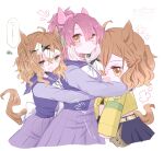  2girls ahoge animal_ears arms_up blush bow bowtie breasts brown_hair character_doll commentary_request dantsu_flame_(umamusume) doll ear_covers hair_between_eyes hair_ornament hairband hairclip highres holding holding_doll horse_ears horse_girl horse_tail hug hug_from_behind jewelry jungle_pocket_(champion's_battle_cry)_(umamusume) jungle_pocket_(umamusume) long_sleeves medium_breasts medium_hair multicolored_hair multiple_girls notched_ear open_mouth pink_hairband pleated_skirt purple_sailor_collar purple_serafuku purple_shirt purple_skirt reya_p_d3 sailor_collar sailor_shirt school_uniform serafuku shirt skirt small_breasts tail tracen_school_uniform umamusume white_bow white_bowtie white_hair winter_uniform yellow_eyes 