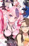  1boy 3girls :d absurdres ahoge akagi_(sk0127aho) backwards_hat black_hair black_hat black_nails black_skirt blue_hair book breasts brown_eyes brown_hair bubi_(ironmouse) choker cleavage demon_girl demon_horns demon_wings frilled_straps glasses grin hair_between_eyes hair_ornament hat heart heart_ahoge heart_hair_ornament heart_o-ring heart_ring_choker heterochromia high-waist_skirt highres horns indie_virtual_youtuber ironmouse ironmouse_(15th_costume) jacket long_hair looking_at_viewer monkey multicolored_hair multiple_girls o-ring o-ring_choker open_mouth pink_choker pink_hair pink_jacket pointy_ears purple_eyes purple_hair purple_streaks red_eyes selfie skirt smile spiked_choker spikes streaked_hair twintails v virtual_youtuber white_horns wings 