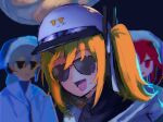  3girls :d a.i._voice adachi_rei black_shirt character_request helmet jacket kasane_teto meme multiple_girls ninja_sentai_kakuranger one_side_up open_mouth orange_hair oru_(knktoru) parody portrait red_eyes red_hair shirt smile sunglasses super_sentai today_is_friday_in_california_(meme) utau white_helmet white_jacket 