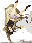  1girl animal_ears black_hair black_shirt boots coat denim denim_shorts firing gun h&amp;k_usp h&amp;k_usp_match handgun handstand highres midriff_peek one_arm_handstand open_clothes open_coat original shell_casing shirt short_hair shorts tail weapon yonq98 