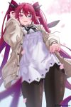  1girl :d absurdres ass_visible_through_thighs black_horns black_pantyhose blue_eyes brown_cardigan cardigan commentary crystal_wings double_halo dress english_commentary halo hand_up heterochromia highres hololive hololive_english hood hooded_cardigan horns irys_(casualrys)_(hololive) irys_(hololive) long_hair long_pointy_ears looking_at_viewer official_alternate_costume official_alternate_hairstyle open_cardigan open_clothes open_mouth pantyhose pointy_ears purple_eyes purple_hair seraphim_throne short_dress smile solo star-shaped_pupils star_(symbol) star_halo symbol-shaped_pupils twintails very_long_hair virtual_youtuber watch white_dress wings wristwatch 