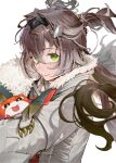  1girl brown_hair claws commentary_request fang fluffy_collar green_eyes grey_jacket hair_ornament highres jacket leaf light_blush long_hair looking_at_viewer maple_leaf orewajedman raised_eyebrows simple_background solo tatsumaki_chise upper_body virtual_youtuber vspo! white_background 