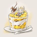  1boy axe blonde_hair blue_eyes closed_mouth cucare8848 demon_boy demon_horns dessert food horns large_horns long_hair rivale_(sousou_no_frieren) sousou_no_frieren spoon 