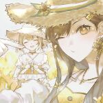  2girls azusawa_kohane bad_id bad_twitter_id basket black_choker black_hair breasts brown_hair choker closed_eyes facing_viewer fingernails hair_ornament hairclip hand_up hands_up hat highres holding holding_basket index_finger_raised jewelry long_hair looking_at_viewer multiple_girls necklace official_alternate_costume one_eye_closed open_mouth outdoors project_sekai shiraishi_an short_twintails smile sun_hat sunflower_earring the_vivid_old_tale_(project_sekai) tm555 twintails upper_body yellow_eyes 