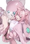  1girl animal_ears antenna_hair belt belt_pouch black_belt blush breasts carrying commentary cup disposable_cup drinking_straw edge_ill fang fingernails hakui_koyori highres hololive hood hoodie kokoro_(hakui_koyori) large_breasts long_hair long_sleeves mecha midriff_peek nail_polish open_mouth pink_hair pink_hoodie pink_nails pink_shoes pink_skirt pink_tail pouch purple_eyes robot shoes skirt smile sneakers socks tail teeth test_tube thighs tongue upper_teeth_only v virtual_youtuber white_background white_hoodie white_socks wolf_ears wolf_girl wolf_tail 