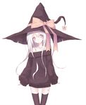  2018 albino bad_id bad_pixiv_id bare_shoulders black_hat black_legwear black_sweater blush bow brown_eyes buran_(kure) closed_mouth collarbone commentary_request hat head_tilt highres long_hair long_sleeves looking_at_viewer off-shoulder_sweater original simple_background sleeves_past_wrists solo sweater thighhighs very_long_hair white_background white_hair witch witch_hat yellow_bow 