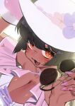  1girl :3 :d black_hair breasts cleavage commentary commission dark-skinned_female dark_skin english_commentary facial_mark fang flower hat hat_flower highres holding holding_removed_eyewear large_breasts looking_at_viewer nail_polish open_mouth orange_eyes pink_nails slit_pupils smile solo sun_hat sunglasses tostantan unworn_eyewear whisker_markings white_hat 