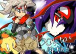  2boys anniversary artist_name bandana black_headband blue_scarf bokura_no_taiyou brown_hair brown_shorts closed_mouth copyright_name dated django_(boktai) grass grey_eyes grey_headband headband holding long_nose long_sleeves looking_at_viewer looking_to_the_side male_focus medium_hair multiple_boys night otenko pants pants_rolled_up purple_hair red_eyes red_scarf sabata_(boktai) scarf shiokake shorts sun sunlight torn_clothes torn_scarf upper_body 