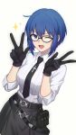  1girl absurdres arsti_11 artist_name black_gloves blue_eyes breasts ciel-sensei_(fate) ciel_(tsukihime) commentary fate/grand_order fate_(series) glasses gloves highres holster large_breasts looking_at_viewer necktie one_eye_closed open_mouth shirt short_hair skirt sleeves_rolled_up smile sparkle v white_shirt 