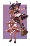  2girls absurdres apron ascot back_bow black_hat black_skirt black_vest blonde_hair bow braid broom brown_hair c2215721819 chinese_commentary commentary_request detached_sleeves frilled_bow frilled_hair_tubes frilled_skirt frills full_body gohei hair_bow hair_tubes hakurei_reimu hat hat_bow highres holding holding_broom holding_gohei kirisame_marisa long_hair looking_at_viewer midriff mini-hakkero multiple_girls navel purple_background red_bow red_eyes red_skirt ribbon-trimmed_sleeves ribbon_trim side_braid single_braid skirt skirt_set touhou vest waist_apron white_apron white_bow witch_hat yellow_ascot yellow_eyes 