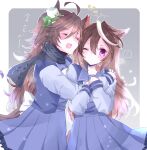  ! 2girls ahoge animal_ears blush bow bowtie breasts brown_hair closed_eyes commentary_request hair_between_eyes hair_ornament hat highres horse_ears horse_girl horse_tail hug long_hair long_sleeves mini_hat mini_top_hat mr._c.b._(umamusume) multicolored_hair multiple_girls one_eye_closed open_mouth pleated_skirt purple_eyes purple_sailor_collar purple_serafuku purple_shirt purple_skirt reya_p_d3 sailor_collar sailor_shirt scarf school_uniform serafuku shirt skirt smile spoken_exclamation_mark streaked_hair symboli_rudolf_(umamusume) tail top_hat tracen_school_uniform umamusume white_bow white_bowtie white_hair winter_uniform 
