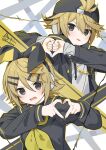 1boy 1girl :p backwards_hat baseball_cap black_bow black_eyes black_hat black_jacket black_sailor_collar black_shirt blonde_hair bow chain chain_necklace commentary_request fang four-finger_heart_hands grey_shirt hair_bow hair_ornament hairclip hat headphones heart heart_hands highres jacket jewelry kagamine_len kagamine_rin knokzm long_sleeves medium_hair neckerchief necklace open_clothes open_jacket open_mouth parallel_hairclips rettou_joutou_(vocaloid) sailor_collar school_uniform serafuku shirt skin_fang thumbs_down thumbs_down_heart_hands tongue tongue_out vocaloid yellow_neckerchief 