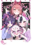 4girls 82jhin :d :p absurdres aru_(blue_archive) black_choker black_hair blue_archive border bow choker commentary_request cropped_shirt double_v drawn_ears drawn_whiskers glasses gradient_hair grey_halo grin hair_bow hair_ornament hairclip halo haruka_(blue_archive) heart highres horns jacket kayoko_(blue_archive) korean_commentary looking_at_viewer low_horns multicolored_hair multiple_girls mutsuki_(blue_archive) off-shoulder_shirt off_shoulder open_mouth outside_border problem_solver_68_(blue_archive) purple-tinted_eyewear purple_eyes purple_hair purple_halo red_eyes red_hair red_halo shirt simple_background smile tinted_eyewear tongue tongue_out two-tone_hair v white_border white_hair yellow_eyes 