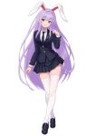  1girl :3 absurdres animal_ears black_jacket black_necktie black_shoes blazer breasts closed_mouth collared_shirt commentary_request crescent crescent_pin highres jacket large_breasts loafers long_hair long_sleeves looking_at_viewer necktie pink_skirt pleated_skirt purple_hair rabbit_ears rabbit_girl rabbit_tail red_eyes reisen_udongein_inaba shirt shoes simple_background skirt smile solo tail thighhighs tinatama touhou very_long_hair white_background white_shirt white_thighhighs 