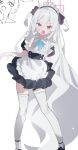  1girl absurdly_long_hair absurdres alternate_costume alternate_hairstyle apron black_dress black_shoes blue_archive blue_ribbon detached_collar dress enmaided frilled_apron frills full_body gloves hair_between_eyes halo highres kei_(blue_archive) kei_(student)_(blue_archive) long_hair looking_at_viewer maid maid_apron maid_headdress mamyu_040 neck_ribbon open_mouth pink_eyes pink_halo puffy_short_sleeves puffy_sleeves ribbon shoes short_sleeves simple_background solo standing thighhighs two_side_up very_long_hair waist_apron white_apron white_background white_gloves white_hair white_thighhighs zettai_ryouiki 