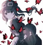  2girls aged_down arm_belt bandaged_arm bandages black_choker black_dress black_hair black_hat black_ribbon black_suit bug butterfly choker commentary_request dress goggles goggles_on_headwear grey_eyes hair_ornament hat highres kurobe_nanoka long_hair mahou_shoujo_no_majo_saiban moonpetalo00 multiple_girls neck_ribbon red_butterfly ribbon simple_background spoilers suit twintails upper_body white_background 