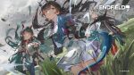  3girls animal_ears arcane_(arknights) arknights arknights:_endfield bird_ears bird_girl black_gloves black_hair blue_eyes blue_gloves blue_horns blue_jacket blue_tail chen_qianyu_(arknights) commentary copyright_logo copyright_notice dragon_girl dragon_horns dragon_tail eastern_dragon_horns eastern_dragon_tail english_commentary facial_mark felicia_chen forehead_mark gloves gradient_pants green_eyes green_pants grey_hair grey_sky head_wings highres horns jacket logo long_hair long_sleeves meadow multicolored_gloves multicolored_hair multiple_girls official_art outdoors pants pointy_ears red_hair red_horns red_thighhighs sky tail thighhighs two-sided_gloves two-tone_cape two-tone_gloves wings zhuang_fangyi_(arknights) 