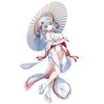  1girl breasts bridal_lingerie bridal_veil bride brown_eyes cleavage closed_mouth dolphin_wave full_body game_asset hair_bun highres holding japanese_clothes kimono lingerie long_hair looking_at_viewer nagato_mei navel non-web_source official_alternate_costume official_alternate_hairstyle official_art oil-paper_umbrella ootomo_takuji platform_sandals revealing_clothes sandals self-datamine smile socks solo transparent_background uchikake umbrella underboob underwear veil wataboushi white_hair white_kimono white_socks 