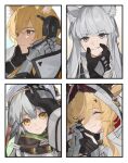  4girls ^_^ animal_ear_fluff animal_ears antlers arknights black_gloves blonde_hair blush closed_eyes deer_antlers deer_ears deer_girl ears_through_hood extra_ears fartooth_(arknights) gauntlets gloves grey_hair hand_on_another's_cheek hand_on_another's_face happy headpat headphones highres hood hood_up horns horns_through_hood horse_ears horse_girl implied_extra_ears jacket long_hair looking_at_viewer multiple_girls nearl_(arknights) nearl_the_radiant_knight_(arknights) platinum_(arknights) portrait pov pov_hands quanx70909457 simple_background smile visor_(armor) viviana_(arknights) white_hair white_jacket yellow_eyes yuri 