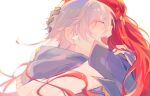  1boy 1girl black_gloves black_jacket caelus_(honkai:_star_rail) closed_eyes crying fingerless_gloves floating_hair from_side gloves grey_hair hair_between_eyes hand_on_another's_head hand_up highres himeko_(honkai:_star_rail) honkai:_star_rail honkai_(series) hood hooded_jacket hug jacket long_hair long_sleeves open_clothes open_jacket open_mouth red_hair short_hair simple_background single_glove teeth tongue trailblazer_(honkai:_star_rail) white_background xianshuipao 