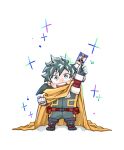  1boy :d all_might aqua_bodysuit aqua_eyes aqua_gloves aqua_hair arm_up belt belt_pouch bodysuit boku_no_hero_academia buckle cape card character_name chibi clenched_hand colored_lineart commentary_request deformed dot_nose eyebrows_hidden_by_hair facing_viewer freckles fukami_(hk3) full_body gloves hand_up happy highres holding holding_card invisible_floor looking_at_object looking_up male_focus midoriya_izuku open_mouth partial_commentary pouch red_belt round_teeth shadow short_hair simple_background smile snap-fit_buckle solo sparkle standing straight-on superhero_costume teeth trading_card two-sided_gloves upper_teeth_only utility_belt white_background white_gloves yellow_cape 