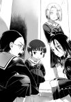  4girls adelheid_muller black_hair chikage_miki classical_lillian closed_mouth fuuko_sayama glasses greyscale highres hime_cut kumi-kumi kumiko_tateno long_skirt mahou_shoujo_ikusei_keikaku mahou_shoujo_ikusei_keikaku_black maruino mephis_pheles monochrome multiple_girls novel_illustration official_art open_mouth pleated_skirt sailor_collar school_uniform short_hair skirt socks spoilers talking third-party_source thunder-general_adelheid 