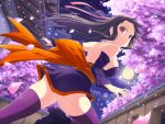  1girl architecture ass ayame_(senran_kagura) ayane_(doa) ayane_(doa)_(cosplay) back_bow black_hair black_shoes blush bow branch breasts cherry_blossoms cloud cloudy_sky cosplay dead_or_alive detached_sleeves east_asian_architecture falling_petals full_moon game_asset hair_ribbon japanese_clothes large_breasts light_particles long_hair looking_at_viewer median_furrow moon name_connection night ninja ninja_gaiden obi official_alternate_costume official_art orange_bow orange_trim outdoors petals pink_petals pink_ribbon purple_sleeves purple_thighhighs red_eyes revealing_clothes ribbon sash senran_kagura senran_kagura_new_link senran_kagura_new_wave shoes shoulder_blades sideboob sky smile solo sparkle star_(sky) starry_sky thighhighs tree 