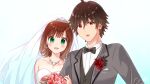  1boy 1girl ahoge amagase_touma amami_haruka ayuko_(ayuco) bare_shoulders black_bow black_bowtie bow bowtie breasts bridal_veil bride brown_hair cleavage commentary_request corsage dress flower green_eyes grey_jacket groom hetero idolmaster idolmaster_(classic) idolmaster_side-m jacket lapels looking_at_viewer notched_lapels red_eyes red_flower see-through_clothes see-through_veil short_hair traditional_bowtie upper_body variant_set veil wedding_dress 
