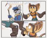  2boys animal_ears balancing cane english_text furry furry_male grey_fur highres holding holding_cane lombax multiple_boys open_mouth raccoon_boy raccoon_ears raccoon_tail ratchet_&amp;_clank ratchet_(ratchet_&amp;_clank) sketch_soft10 sly_cooper sly_cooper_(series) smile sparkle speech_bubble sweatdrop tail trembling yellow_fur 