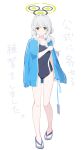  1girl absurdres alternate_costume black_halo blue_archive blue_jacket blue_one-piece_swimsuit blush breasts center-flap_bangs cleavage collarbone commentary_request covered_navel double-parted_bangs flip-flops frown full_body green_eyes green_halo grey_hair hair_intakes halo hare_(blue_archive) highres holding holding_id_card holding_lanyard id_card jacket jacket_on_shoulders long_hair long_sidelocks looking_at_viewer mochigome_(ununquadium) one-piece_swimsuit open_clothes open_jacket sandals side_ponytail sidelocks simple_background small_breasts solo sweat swimsuit thighs translation_request walking white_background 